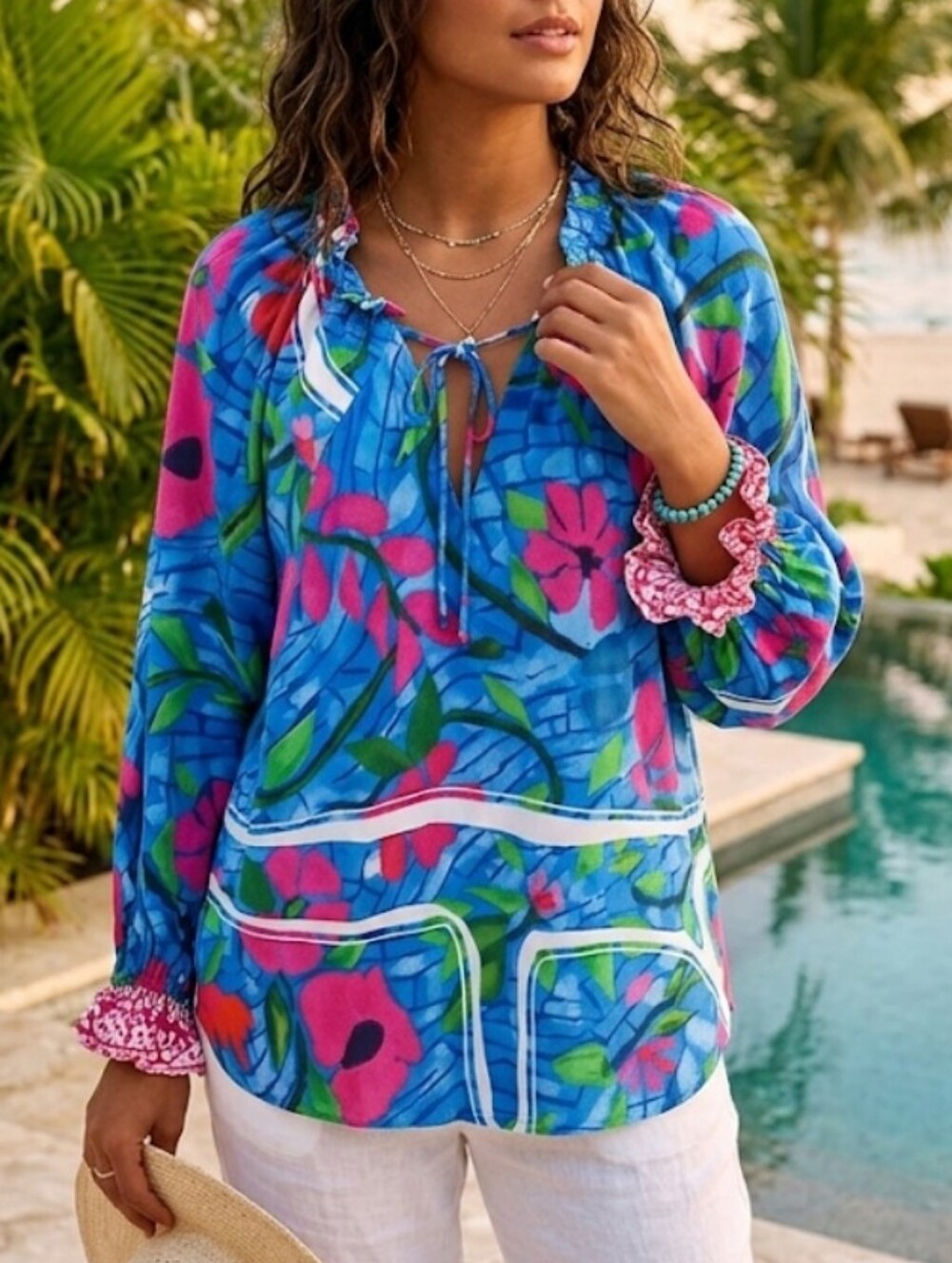 CELINA MOON Blue and Pink Floral Long Sleeve Top Size Large Resortwear